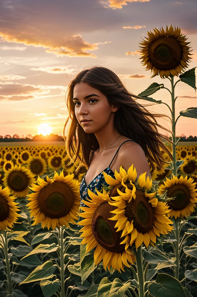 Create an image of tayler the creator in a field of sunflowers and a sunset