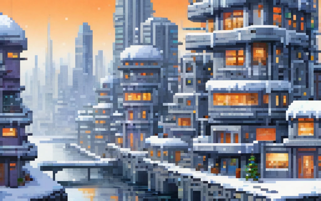 Modern buildings, Futuristic winter city, pixel art painting by Yoko Tsuno, best quality, masterpiece, high details, Ultra intricate detailed