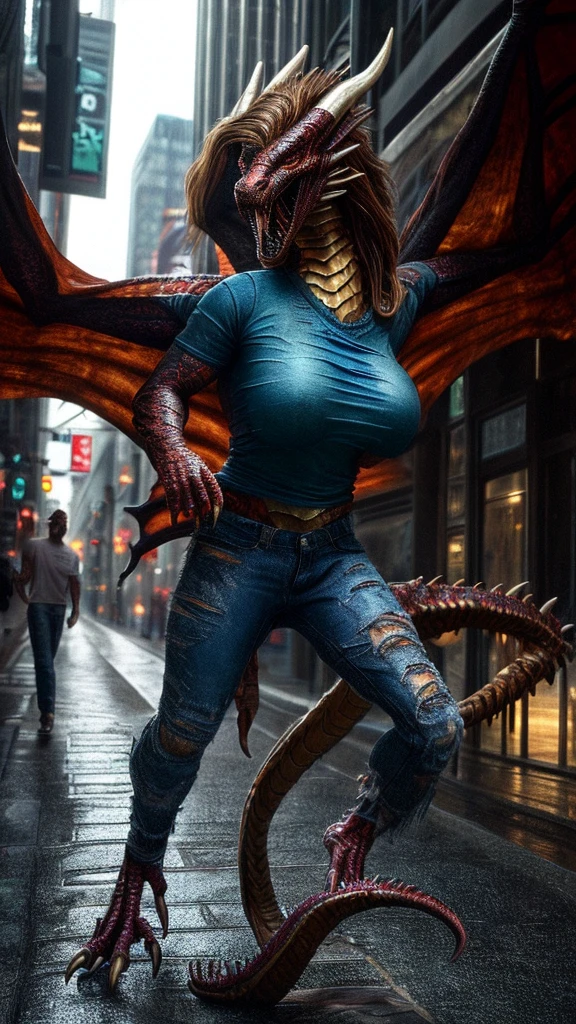 a beautiful girl with long brown hair, large breasts, screaming in terror, transforming into a dragon, city street, t-shirt, jeans, clothes ripping, photo-realistic, intricate details, dramatic lighting, dark fantasy, cinematic, highly detailed, 8k, award winning, masterpiece, transformation, best quality