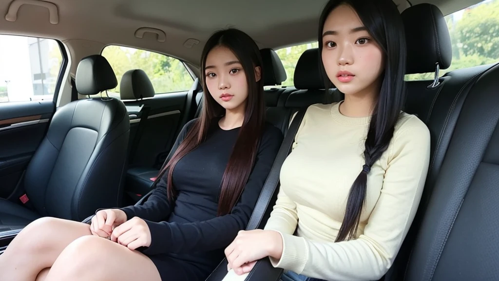 Indonesian girl 19-year-old Hairstyle Casual, F Cup Breasts wearing crewneck dress in car amd driving the car with her friend