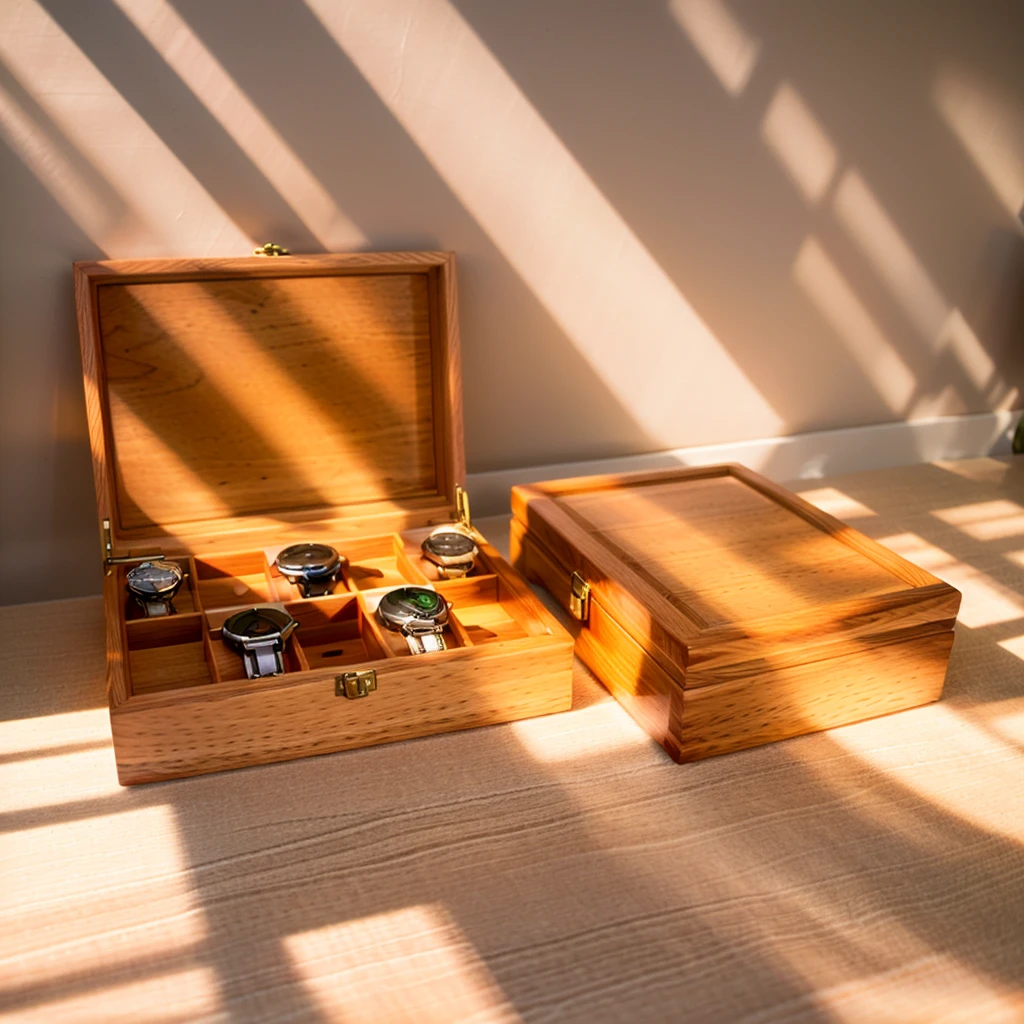 In this cozy room,A ray of sunlight shone on the table through the half-drawn curtains,Let the wood grain on the watch storage case shine with a faint sheen。There is a calm and serene atmosphere in the surrounding air。Several still lifes hang on the walls of the room,It adds a touch of elegance to the space。And on the other side of the room,A half-open window lets the breeze blow in,The pages on the small desk by the window flipped in the wind,This quiet scene gives a sense of tranquility and comfort。