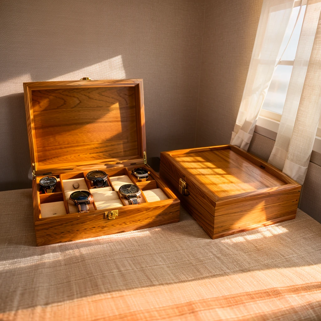 In this cozy room,A ray of sunlight shone on the table through the half-drawn curtains,Let the wood grain on the watch storage case shine with a faint sheen。There is a calm and serene atmosphere in the surrounding air。Several still lifes hang on the walls of the room,It adds a touch of elegance to the space。And on the other side of the room,A half-open window lets the breeze blow in,The pages on the small desk by the window flipped in the wind,This quiet scene gives a sense of tranquility and comfort。
