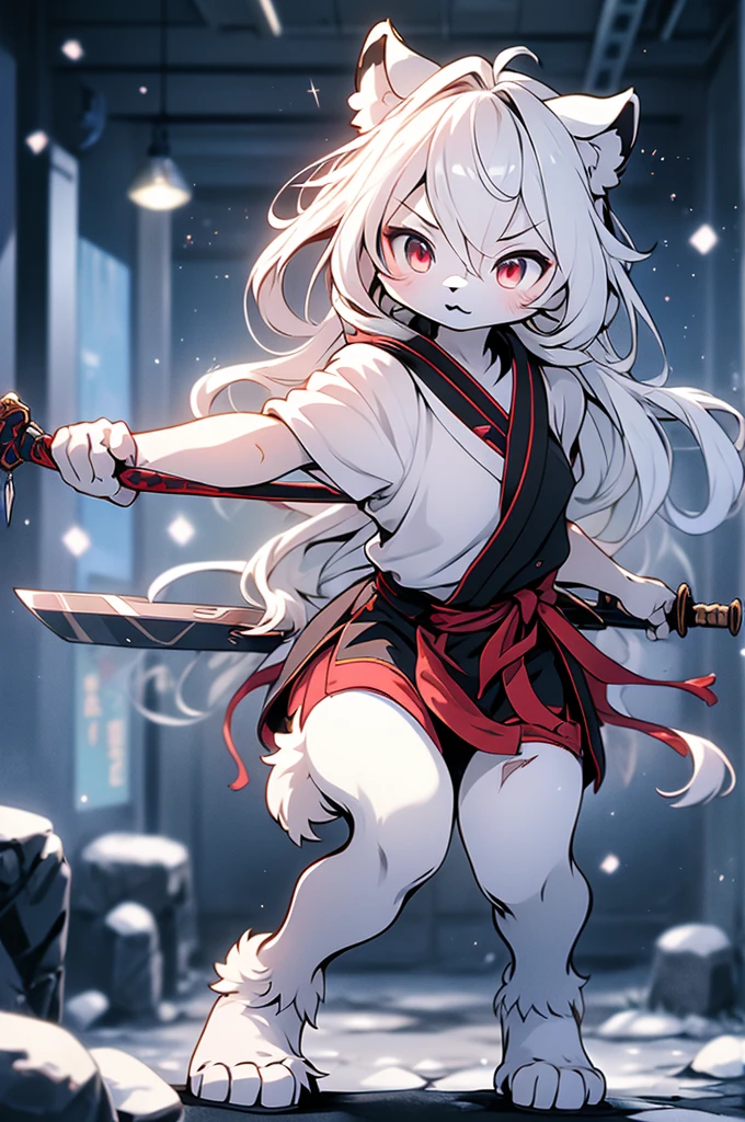 quality\(8K,Extremely detailed CG unit wallpaper, masterpiece,high resolution,top-quality,top-quality real texture skin,Surrealism,提high resolution,RAW photos,Best quality,Very detailed,,light,Ray Tracing,Golden Ratio\),furry,furry,hairy,hairy,White Tiger少女,White Tiger,White Tiger,White Tiger少女,全身White hair,White Hair,White hair,Snow background,Snow and ice theme,Hanfu,Hanfu下摆,遮住大腿的Hanfu下摆,穿着Hanfu,中式Hanfu,手持Long Sword,Sword in hand,Martial arts style,手持Long Sword的White Tiger少女,Full body close-up,Lean forward,Juhechop,Draw the sword and cut,手持Long Sword,持有Long Sword,拿着Long Sword,Long Sword,Long Sword,Long Sword,Highlight the role,Sassy,Keep your mouth shut,cool girl,indifferent,Cold,poker face,Loose long hair,Loose long hair,Cold气质,Loose long hair,Cold,Blood-red eyes,Maniac
