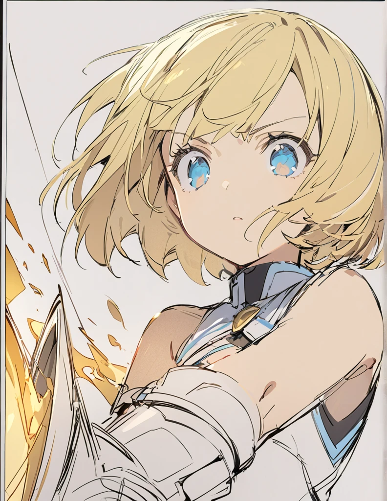 A girl fighting with golden flames(Sketches), (Open Close), (Small body), (Blonde:1.5) (Short Bob Hair:1.4), (Blue eyes)輝く
