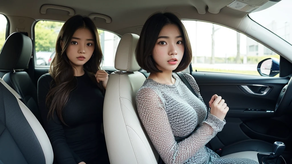 Indonesian girl 19-year-old Hairstyle fashion  Casual, F Cup Breasts wearing off shoulder collarbone and casual long pants girl with Square glasses with black edges  in car and driving the car with her mother