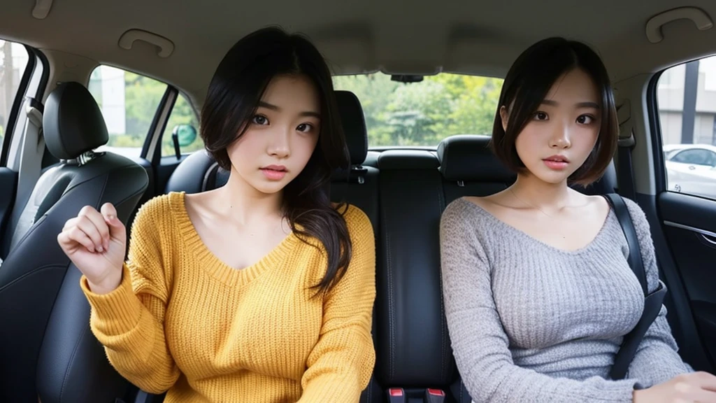 Indonesian girl 19-year-old Hairstyle Casual, F Cup Breasts wearing crewneck dress in car amd driving the car with her friend, they are scared because there are thugs who want to do carjacking and they in car increasingly scared and scream for help.