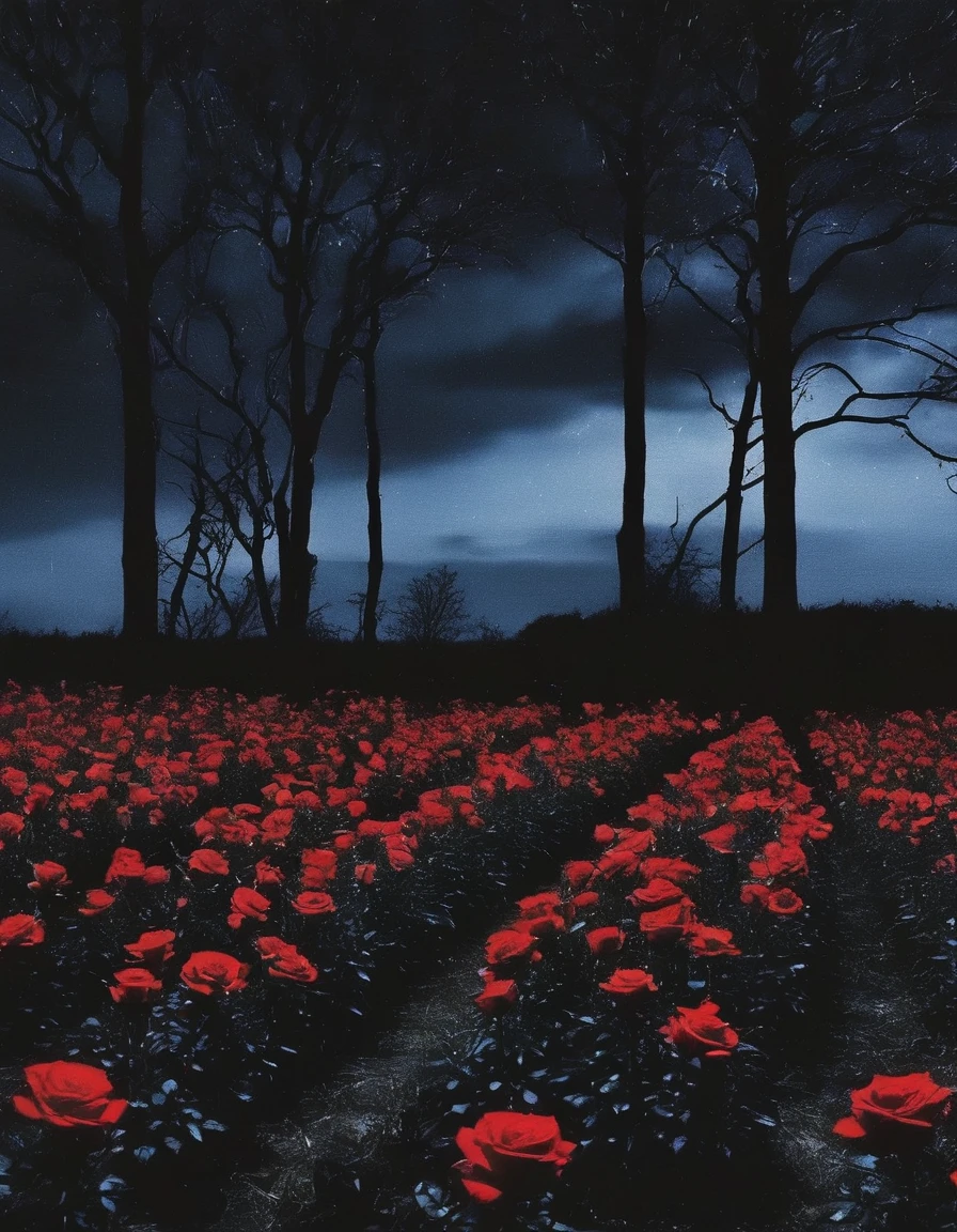 film photography, vintage, long view of red roses field with black silhouette, blue dark forest night background
