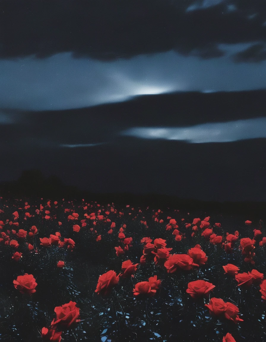 film photography, vintage, long view of red roses field with black silhouette, blue dark forest night background