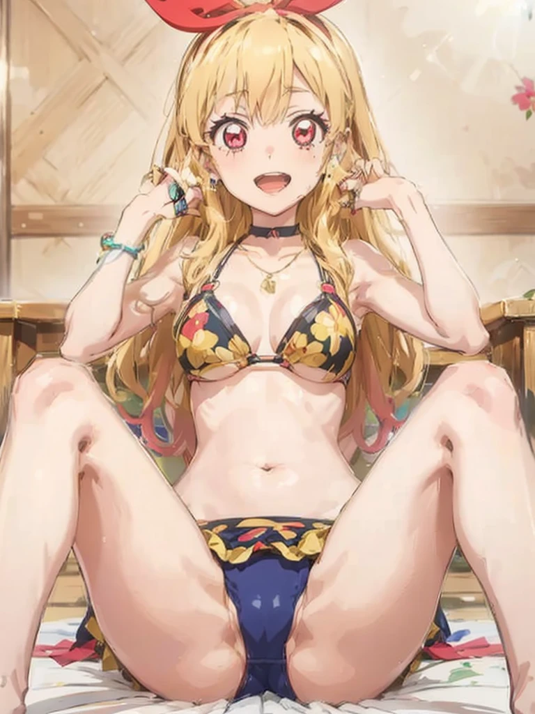 a beautiful female nurse kneeling in a hospital, dressed in nurse's uniform, 1girl, nurse, breasts, nurse cap, solo, blonde hair, thighhighs, cleavage, smile, choker, large breasts, long hair, red eyes, looking at viewer, hat, kitagawa marin, jewelry, black choker, black thighhighs, grin, earrings, piercing, ear piercing, bangs, collarbone,Marin Kitagawa ,Ichigo Hoshimiya (Aikatsu!),lol_i