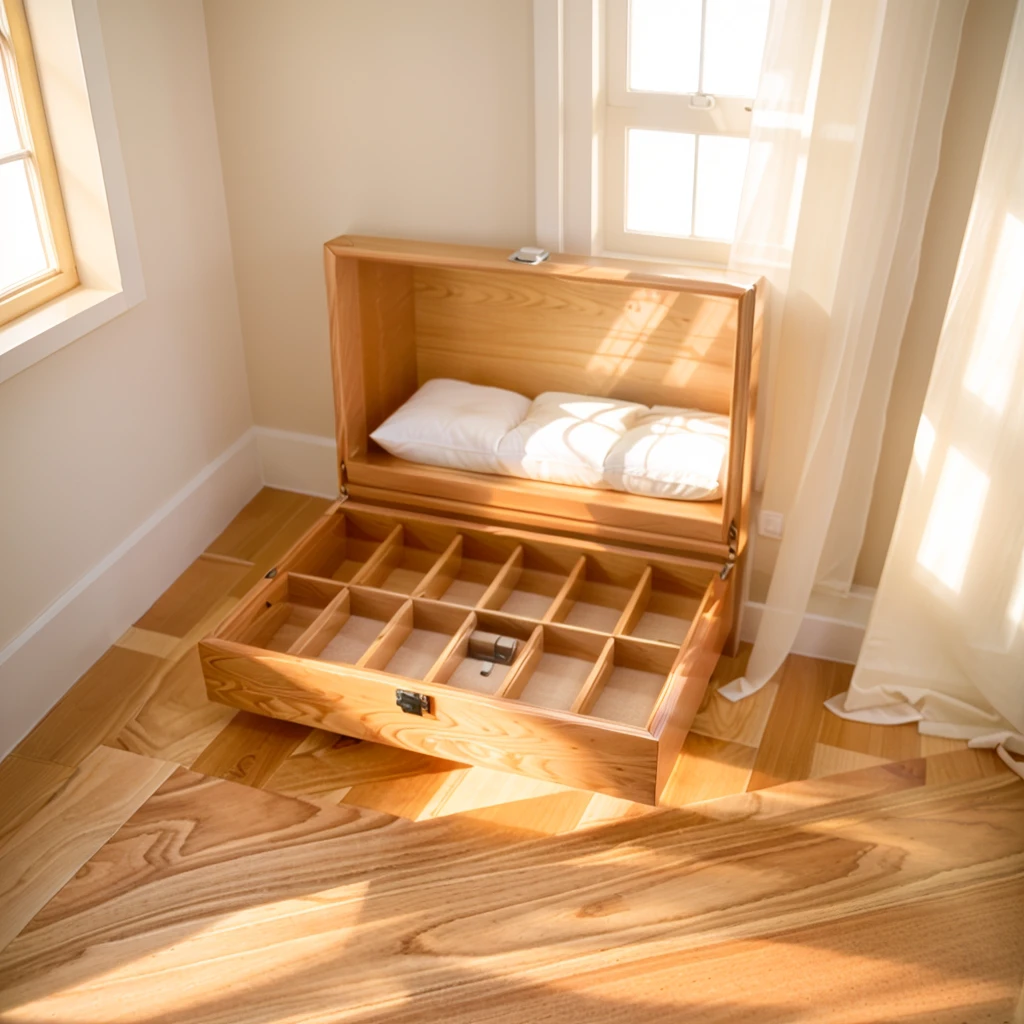 In this cozy room，A ray of sunlight shone through the half-drawn curtains on the table，Let the wood grain on the watch storage box shine with a faint luster。There was a calm and peaceful atmosphere in the air around them。There are several still lifes hanging on the walls of the room，It adds a touch of elegance to the space。And on the other side of the room，The half-open window lets in the breeze，The pages on the small desk by the window turned in the wind，This quiet scene gives a sense of tranquility and comfort。

