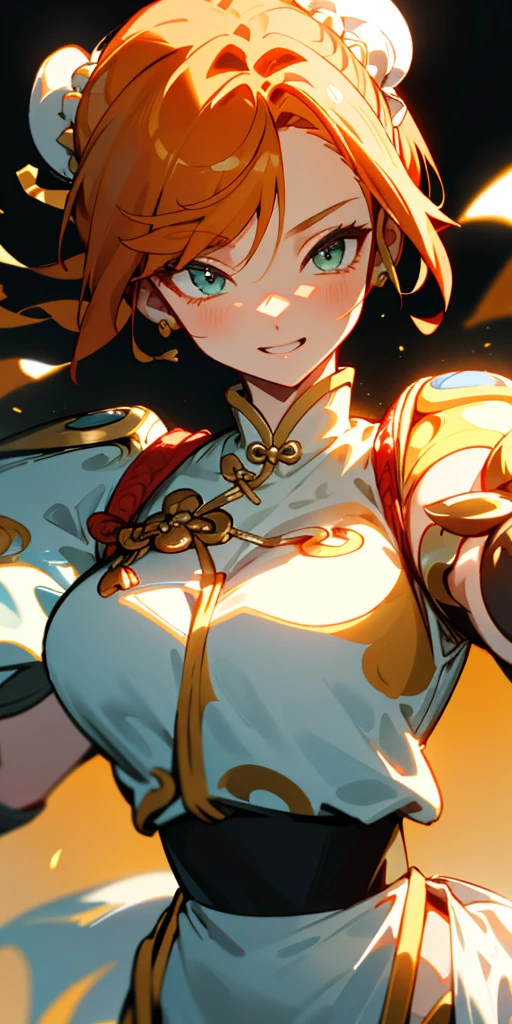 1 girl、one person、skinny body shape、orange clothes、orange hair、beautiful green eyes、intense joy on the face、white uniform with golden decorations、upper body close-up, style of Chun-li clothes