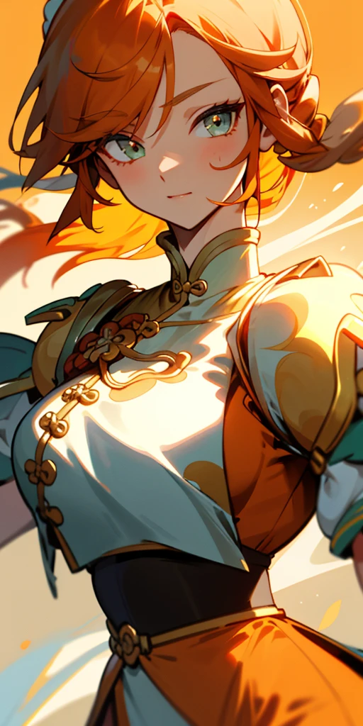1 girl、one person、skinny body shape、orange clothes、orange hair、beautiful green eyes、intense joy on the face、white uniform with golden decorations、upper body close-up, style of Chun-li clothes
