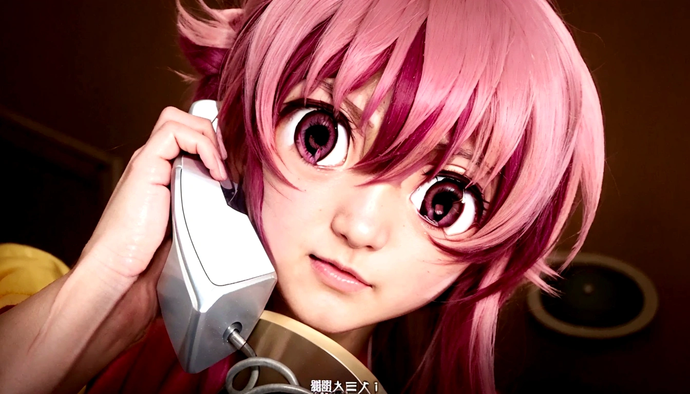 Anime girl with pink hair talking on cell phone., Mirai Nikki, Chica anime llamada Gasai Yuno, normal pink eyes, Gasai Yuno, closeup of another iwakura, Gasai Yuno, Gasai Yuno, she has a nice expressive face, Gasai Yuno, screenshot from a 2012 anime, in the anime movie, scene!!, Shocking