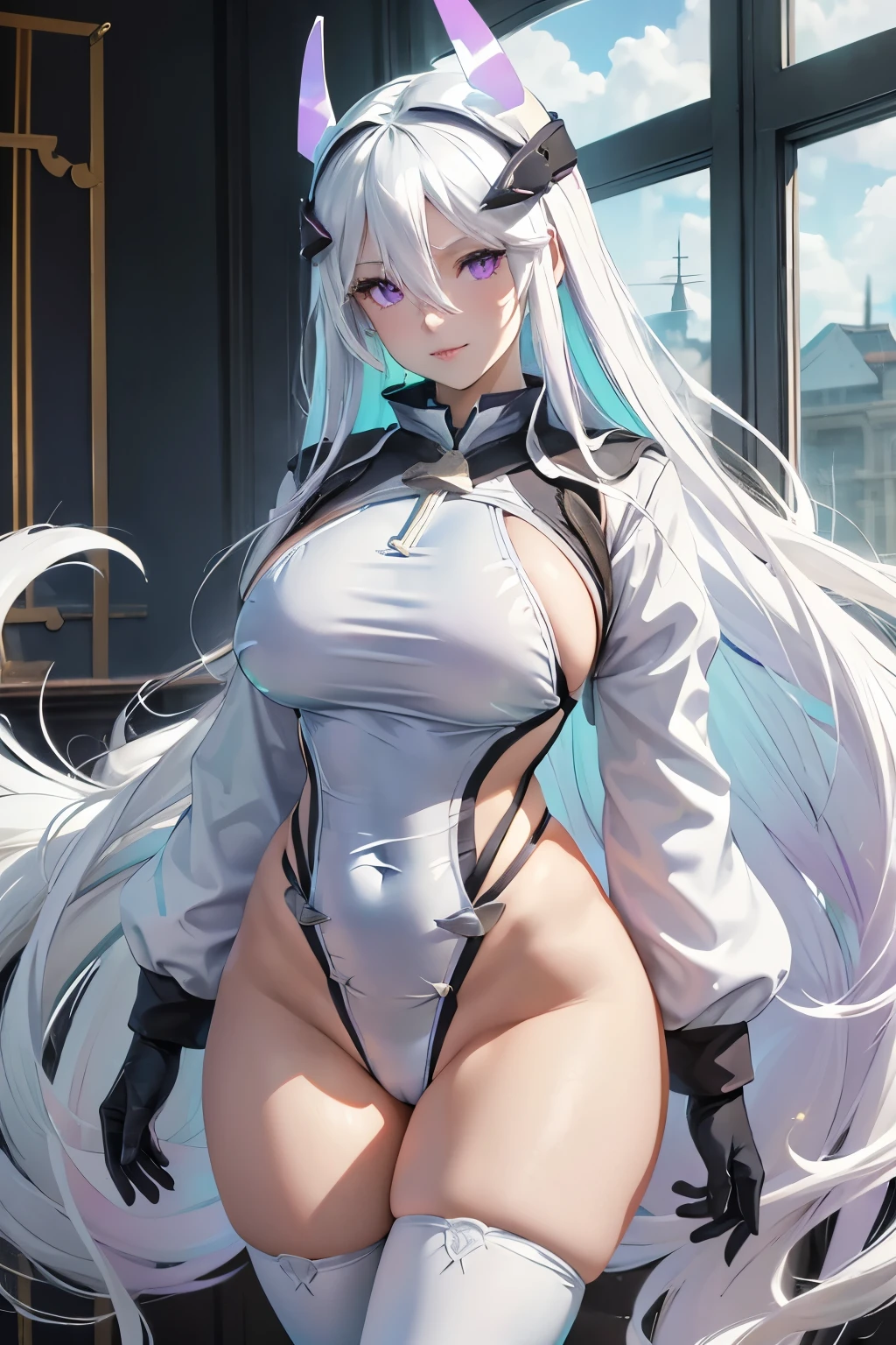 ((paysage chemin perdu)), jambes grasses, gros seins, (extremely fine and beautiful:1.1), (perfect details:1.1), (finely detailed eyes and detailed face:1.3), Azur Lane, Kearsarge, thighhighs, leotard, purple eyes, gloves, white hair, long hair, covered navel, white thighhighs, headgear, thighs, hair between eyes, highleg leotard, bangs, white leotard, long sleeves, smile, closed mouth, multicolored hair, groin, boots, thigh gap, clouds, 