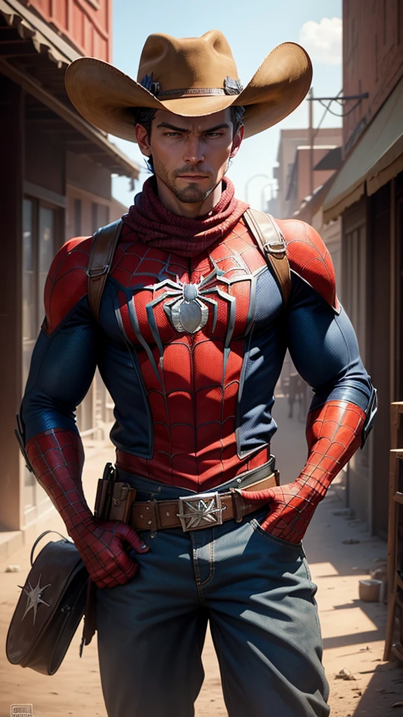 Spider-man in Wild West style, wearing Cowboys lather clothes, Cowboys hat and bring a pistol, in cowboy city, cinematic, extreem realistic, extreem detailed, extreem Sharp, super high resolution image, best quality photo,