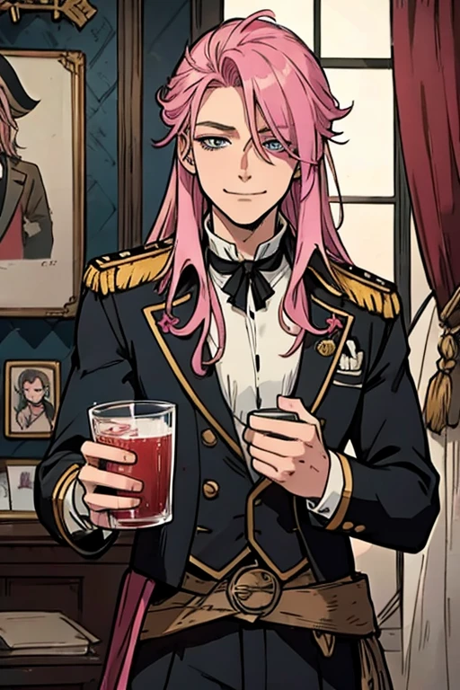 A handsome pink haired man with violet eyes with long hair in a pirate's uniform is drinking in the captain's office with a big smile
