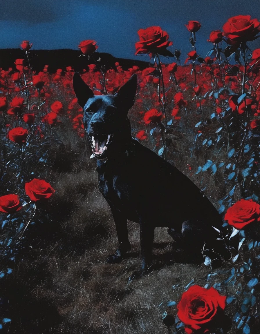 film photography, vintage, long view of red roses field with silhouette of dog, blue dark forest night background
