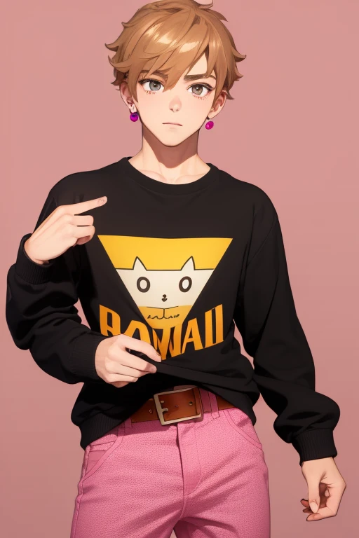 Gumball Handsome 18 year old boy with blonde brown hair, with a pink streak, light skin, pierced ears, honey brown eyes, open pink sweatshirt, black shirt with a candy castle print, black belt, red jeans, looking directly at the viewer on a white background.