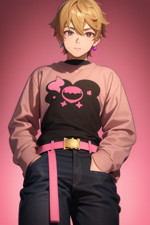 Gumball Handsome 18 year old boy with blonde brown hair, with a pink streak, light skin, pierced ears, honey brown eyes, open pink sweatshirt, black shirt with a candy castle print, black belt, red jeans, looking directly at the viewer on a white background.