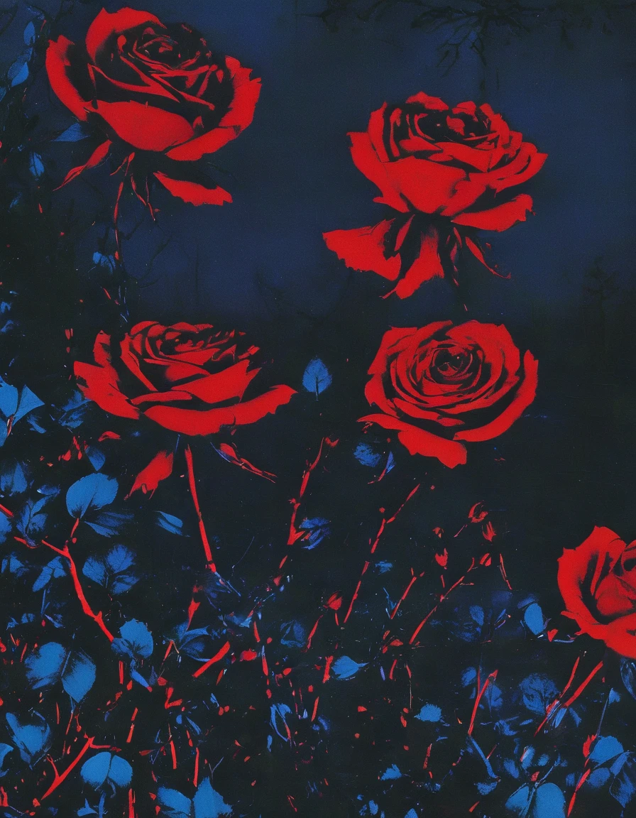 film photography, vintage, long view of red roses field with silhouette of horror, blue dark forest night background