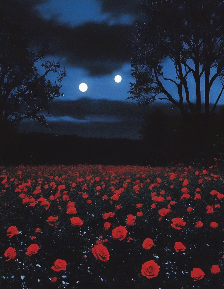 film photography, vintage, long view of red roses field with silhouette of horror, blue dark forest night background