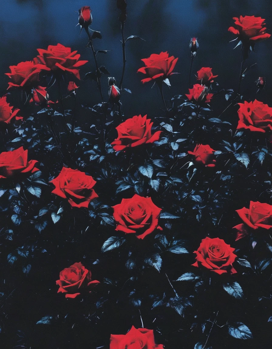 film photography, vintage, long view of red roses field with silhouette of horror, blue dark forest night background