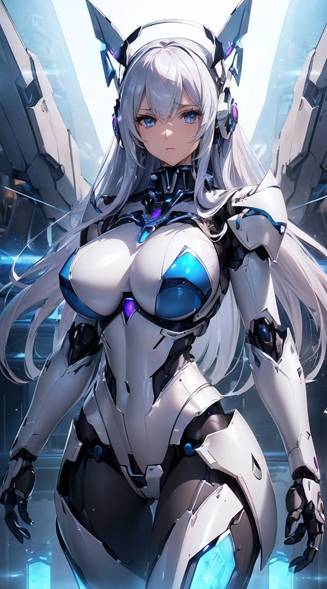 ((Intense action pose:1.6))、((Shining lenses on both breasts:1.3))、((Blue pillars of light are emanating from both chests.:1.3))、smile、((8K)), ((32k)), ((Highest quality)), ((masterpiece)), ((超A high resolution)), ((Tmasterpiece)), ((Halation:1.4))、((Mechaニカルheadgear:1.2))、((Cyber headphones:1.3))、Fine skin, High quality fabric, Fine metal texture、((Beautiful and dense face))、RAW Photos、Professional, Ultra-fine painting, ((alone)), Beautiful breasts、Highest quality, Very detailed, Very detailed詳細, Finer details, so beautiful, ((Princess Knight Robot:1.2)), (Joints of machines, Mechanical Limbs:1.3), (The internal structure of the machine is exposed:1.3), (Long silver hair:1.1), (Beautiful and huge mechanical breasts)、White Veil, cowboy_shot, Side Focus, headgear, Shiny、(Five Fingers, Four fingers and thumb),Concept Art, Anime fantasy artwork, Detailed fantasy art, (with pale blue-violet hair and large white wings,,,,,,,), (((Long silver hair))), (Mecha:1.6)、Sleek and intimidating design, ((Commander-in-Chief'arm)), (Perfect robot body)、純白と青紫armまたは, Symmetrical wings, 8K high quality, detailed art, 3D rendering of character art in 8K, neat legs, Defined, Defined fingers,