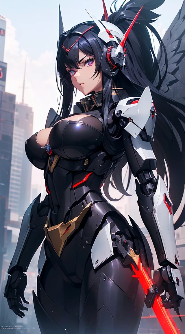 ((Shining lenses on both breasts:1.3))、((Pillars of red light radiate from both chests..:1.3))、((Attack pose:1.6))、((He has a red sword and a long rifle:1.6))、((Battle Scenes:1.8))、((8K)), ((32k)), ((Highest quality)), ((masterpiece)), ((超A high resolution)), ((Tmasterpiece)), ((Halation:1.4))、((Mechaニカルheadgear:1.2))、((Cyber headphones:1.3))Fine skin, High quality fabric, High-quality metal texture、((Beautiful and dense face))、RAW Photos、Professional, Ultra-fine painting, ((alone)), Beautiful breasts、Highest quality, Very detailed, Very detailed詳細, Finer details, so beautiful, ((Black Knight Robot:1.2)),  (Joint of the machine, Mechanical Limbs:1.3), (The internal structure of the machine is exposed:1.3), (Long black hair:1.1), (Beautiful and huge mechanical breasts)、White Veil, cowboy_shot, Side Focus, headgear, Shiny、(Five Fingers, Four fingers and thumb),Concept Art, Anime fantasy artwork, Detailed fantasy art, (Has light blue-purple hair and black wings,,,,,,), (((Long black hair))), (Mecha:1.6)、Sleek and intimidating design,  (Jet black perfect robot body)、Jet black and reddish purple arms, Symmetrical wings, 8K High Resolution, Detailed Art, 3D rendering of character art in 8K, neat legs, Defined, Defined fingers,((headshot:1.6))