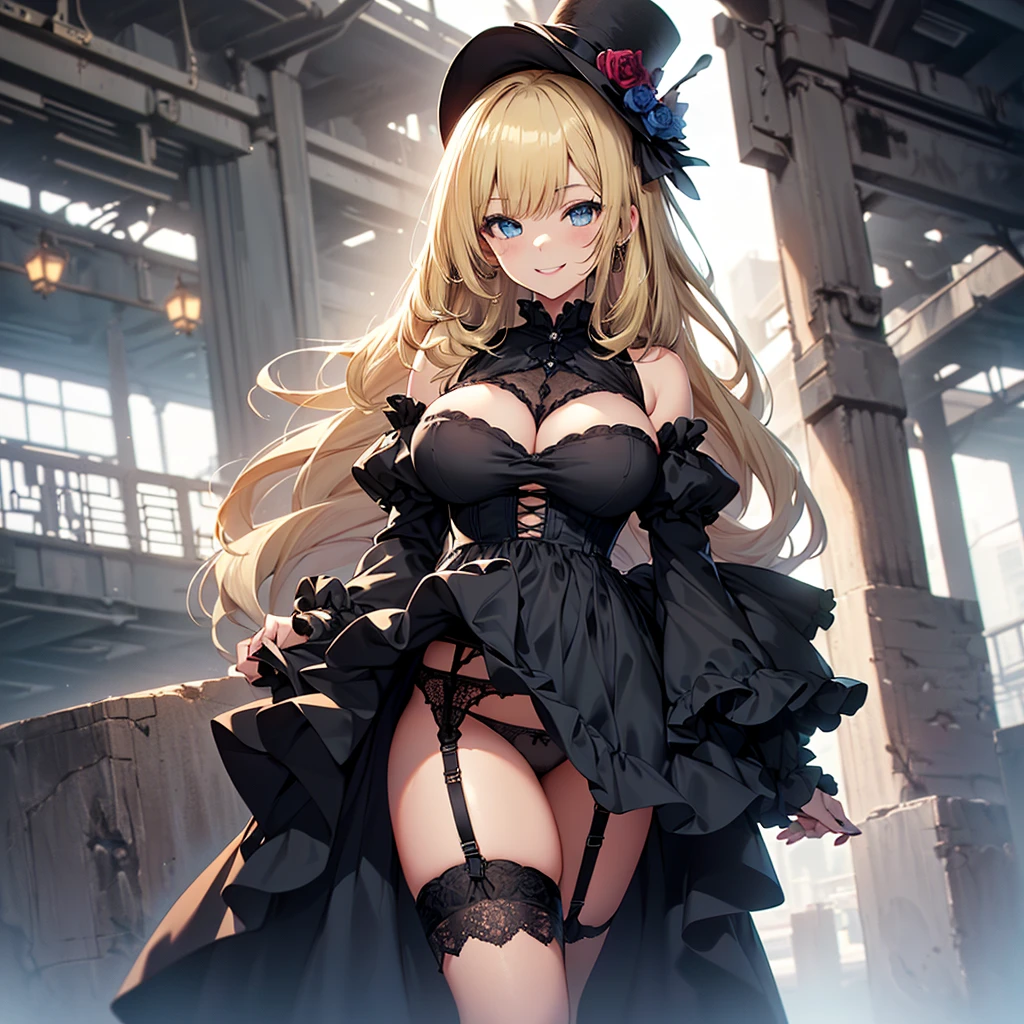 (((a young woman))) (((in a black frilly dress))) and a (((black hat))), (((blonde hair))), (((blue eyes))), (((blue eyes))), (((smile))), ((large breasts)), (thick thighs), (((lifting her dress and showing her legs and panties))), black panties))), (((garter belt)))