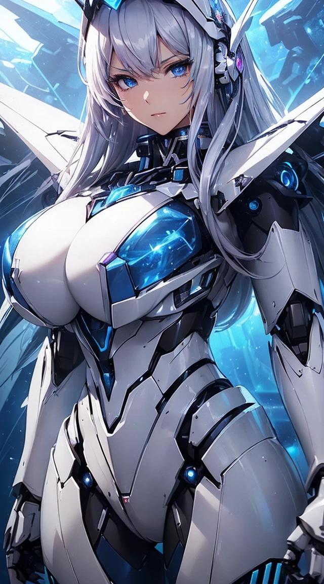 ((Extreme close up:1.6))、(((Lenses shining on both breasts:1.3)))、((Blue pillars of light radiate from both of his chests..:1.3))、break、(((Dynamic pose:1.8)))、smile、((8K)), ((32k)), ((Highest quality)), ((masterpiece)), ((超A high resolution)), ((Tmasterpiece)), ((Halation:1.4))、((Mechaニカルheadgear:1.2))、((Cyber headphones:1.3))Fine skin, High quality fabric, High-quality metal texture、((Beautiful and dense face))、RAW Photos、Professional, Ultra-fine painting, ((alone)), Beautiful breasts、Highest quality, Very detailed, Very detailed詳細, Finer details, so beautiful, ((Princess Knight Robot:1.2)),  (Joint of the machine, Mechanical Limbs:1.3), (The internal structure of the machine is exposed:1.3), (Long silver hair:1.1), (Beautiful and huge mechanical breasts)、White Veil, cowboy_shot, Side Focus, headgear, Shiny、(Five Fingers, Four fingers and thumb),Concept Art, Anime fantasy artwork, Detailed fantasy art, (with pale blue-violet hair and large white wings,,,,,,,,), (((Long silver hair))), (Mecha:1.6)、Sleek and intimidating design, ((Commander-in-Chief&#39;arm)), (Perfect robot body)、純白と青紫のarmまたは, Symmetrical wings, 8K High Resolution, Detailed Art, 3D rendering of character art in 8K, neat legs, Defined, Defined fingers,((headshot:1.3))