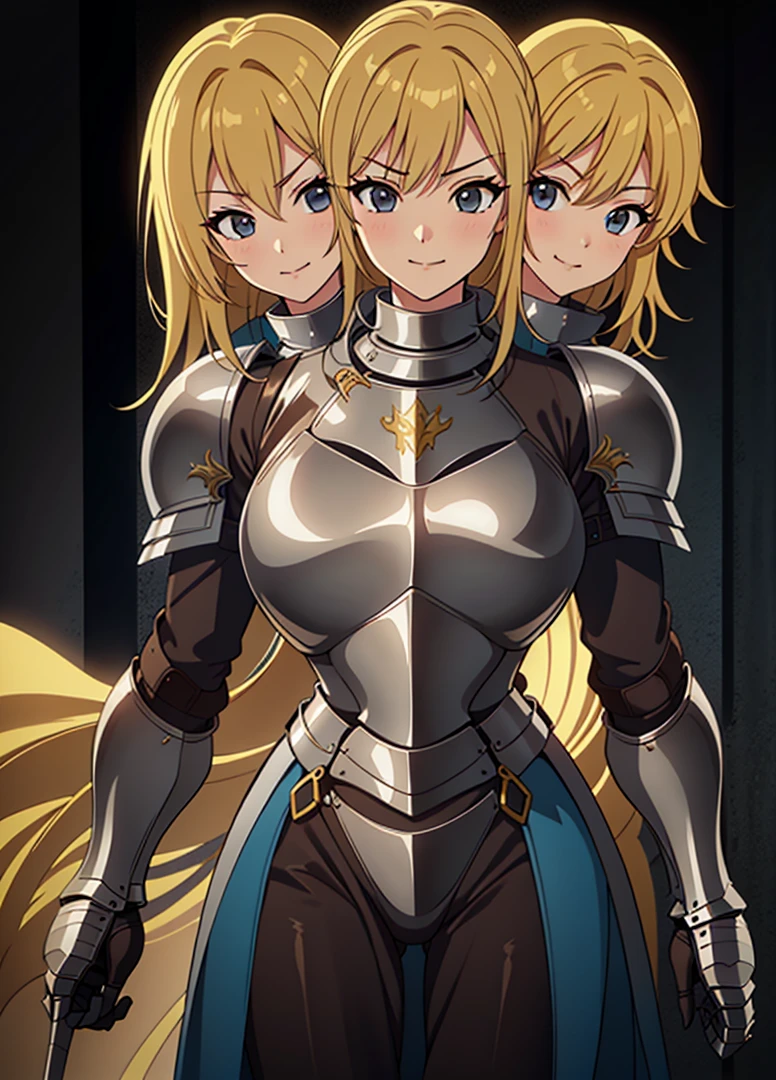 (masterpiece),(ultra-detailed), (high quality), (high resolution), (best quality:1.5, highres, UHD), highres, absurdo, ultra detail, ultra quality, (3heads:1.5), 1girl, ((golden blonde hair)), thighs, (gray armor), female warrior, (fully armored), medium hair, (medieval outfit), (black eyes), armored chest piece, gorgeous female knight, Guild Clothes with Armor, Fantasyart:1.5, (1 Female Knight:1.5), Detailed and detailed depiction armor, (seductive smirk), detailed eyes