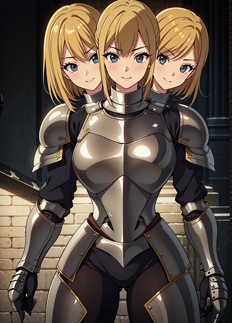 (masterpiece),(ultra-detailed), (high quality), (high resolution), (best quality:1.5, highres, UHD), highres, absurdo, ultra detail, ultra quality, (3heads:1.5), 1girl, ((golden blonde hair)), thighs, (gray armor), female warrior, (fully armored), medium hair, (medieval outfit), (black eyes), armored chest piece, gorgeous female knight, Guild Clothes with Armor, Fantasyart:1.5, (1 Female Knight:1.5), Detailed and detailed depiction armor, (seductive smirk), detailed eyes