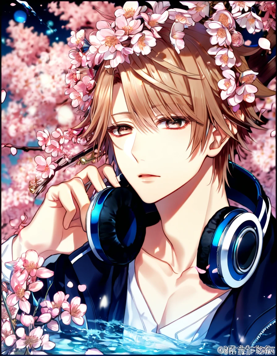 Ultra detailed, highres, absurdres, HDR, master piece, Yata Misaki, spiky, brushed-down chestnut hair, without bangs, expressivee hazel eyes, black beanie on his head, a pair of headphones around his neck, white V-neck shirt with blue lining, K Project, fantasy, pink petals, water, pink flowers, handsome, sexy man, solo, magical, best quality, blossoms, blue shining fireflies