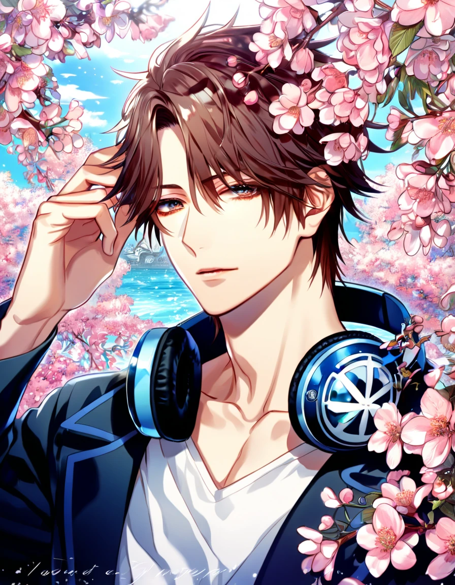 Ultra detailed, highres, absurdres, HDR, master piece, Yata Misaki, spiky, brushed-down chestnut hair, without bangs, expressivee hazel eyes, black beanie on his head, a pair of headphones around his neck, white V-neck shirt with blue lining, K Project, fantasy, pink petals, water, pink flowers, handsome, sexy man, solo, magical, best quality, blossoms, blue shining fireflies