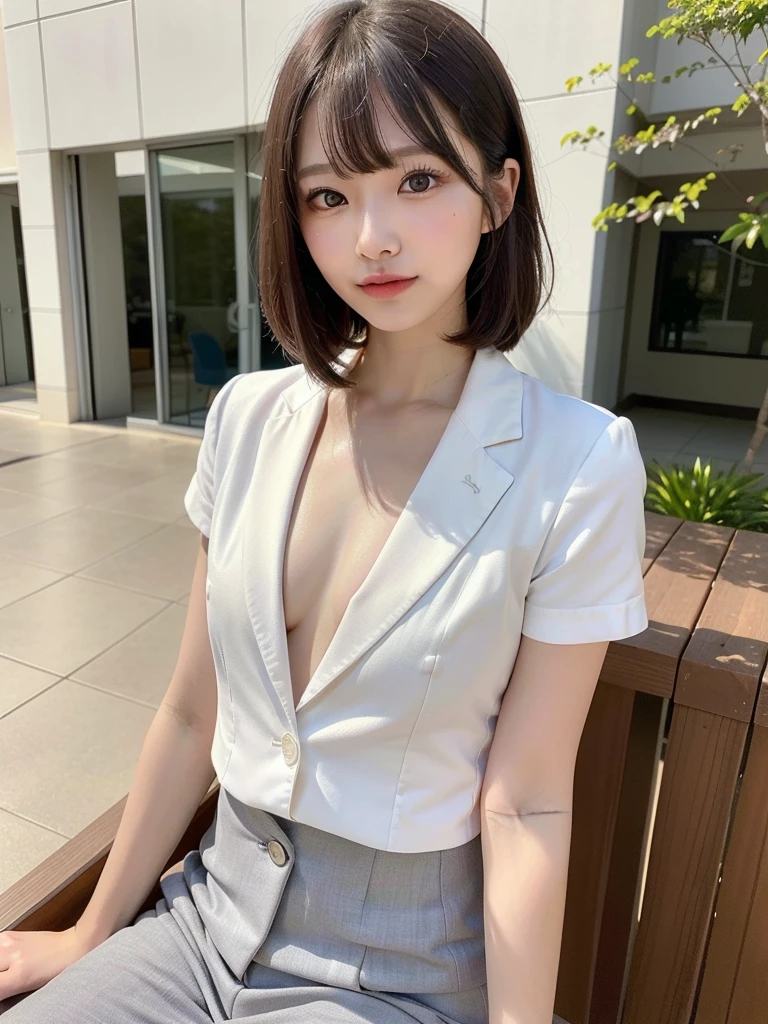 ((Best of the highest quality, 8k, Masterpiece, raw photo: 1.3)), Sharp focus: 1.2, (1 AESPA, slim body type female, 21 y/o: 1.1), (Solo: 1.2), (realistic, photo-realistic:1.37), face focus, cute face, finely eyes, (droopy eyes: 1.32), (Emphasize prominent aegyo-sal with bright: 1.2), shimmering eyeshadow applied under the lower lash line, paired with thick, (small breasts, flat chest: 1.3), (short messy hair, bangs: 1.2), (business suit: 1.28), sitting terrace office, sun light, flower,