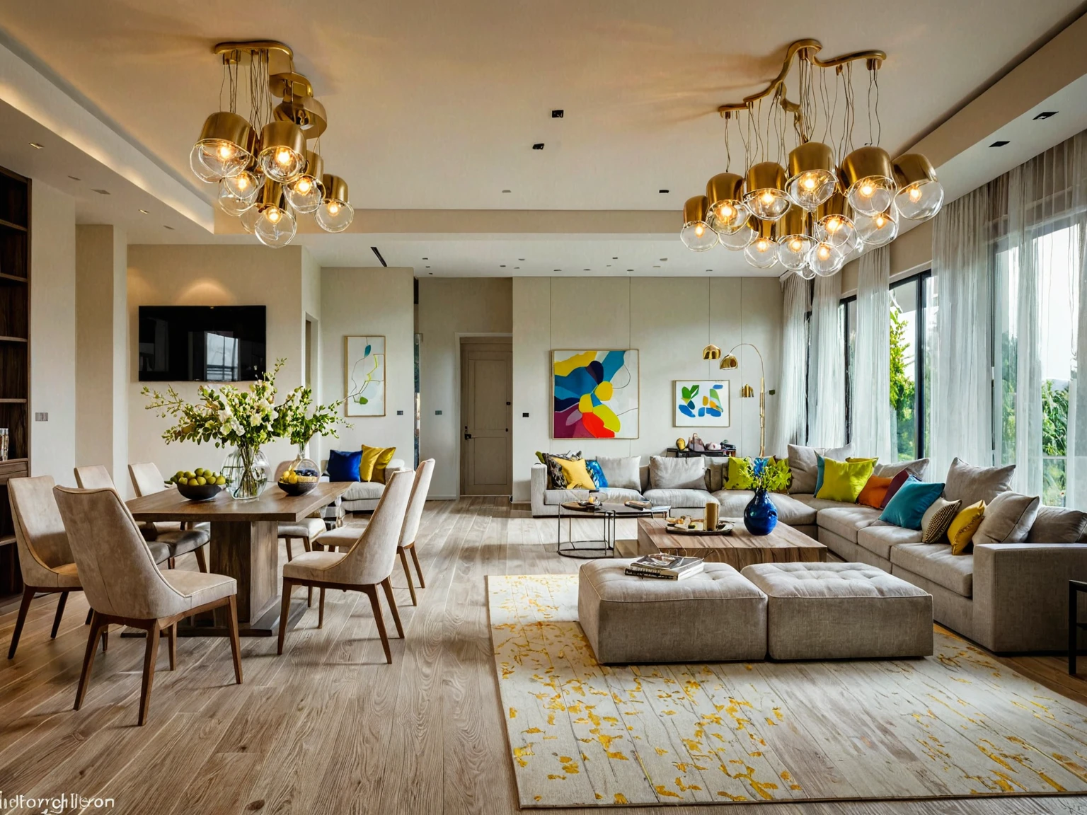 Raw photo, Masterpiece, high quality, best quality, authentic, super detail,
indoors, living room style modern, windows, ceiling lights, chandeliers, minimalist line
daylight, vivid colour,