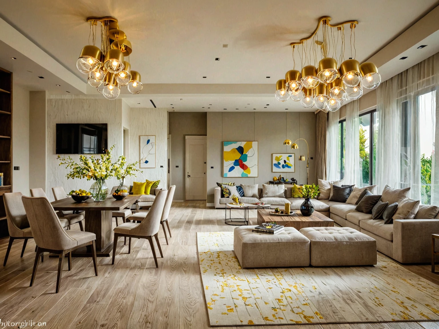 Raw photo, Masterpiece, high quality, best quality, authentic, super detail,
indoors, living room style modern, windows, ceiling lights, chandeliers, minimalist line
daylight, vivid colour,