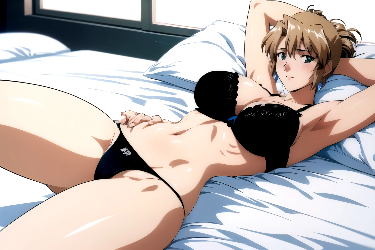 Highest quality, High resolution, masterpiece, Symmetrical eyes, Beautiful Eyes, Detailed face, Bright green eyes, One Woman, 40Attractive woman in her s, First Default, Looking at this, Very detailed, (Perfect Anatomy), (Perfect Fingers:1.5), Cowboy Shot, Bedroom, White bed, (Lying in bed:1.5), Folded ponytail, short hair, Earrings, (smile), (blush), Light Pink_lips, (Arms behind head:1.5), Large Breasts, (Wide pelvis:1.5), (Thick thighs:1.5), (black_bra:1.5), (Spread your legs), (black_panties:1.5), (Realistic:1.1), (One Womanに焦点)