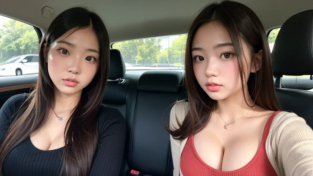 Indonesian girl 19-year-old Hairstyle Casual, F Cup Breasts wearing crewneck dress in car and driving the car with her friend