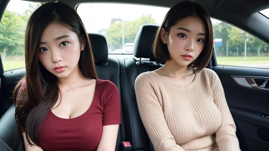 Indonesian girl 19-year-old Hairstyle Casual, F Cup Breasts wearing crewneck dress in car and driving the car with her friend