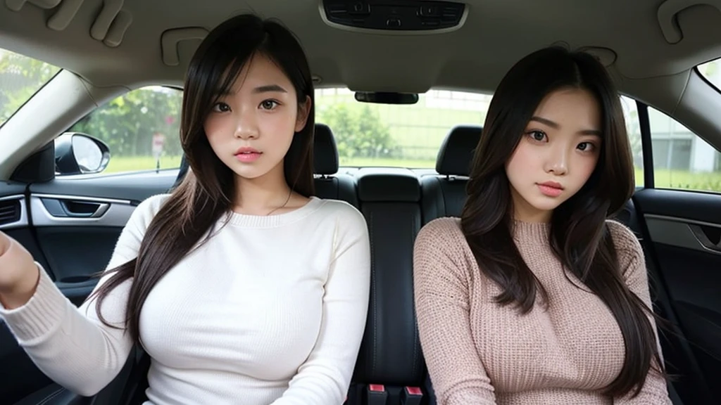 Indonesian girl 19-year-old Hairstyle Casual, F Cup Breasts wearing crewneck dress in car and driving the car with her friend