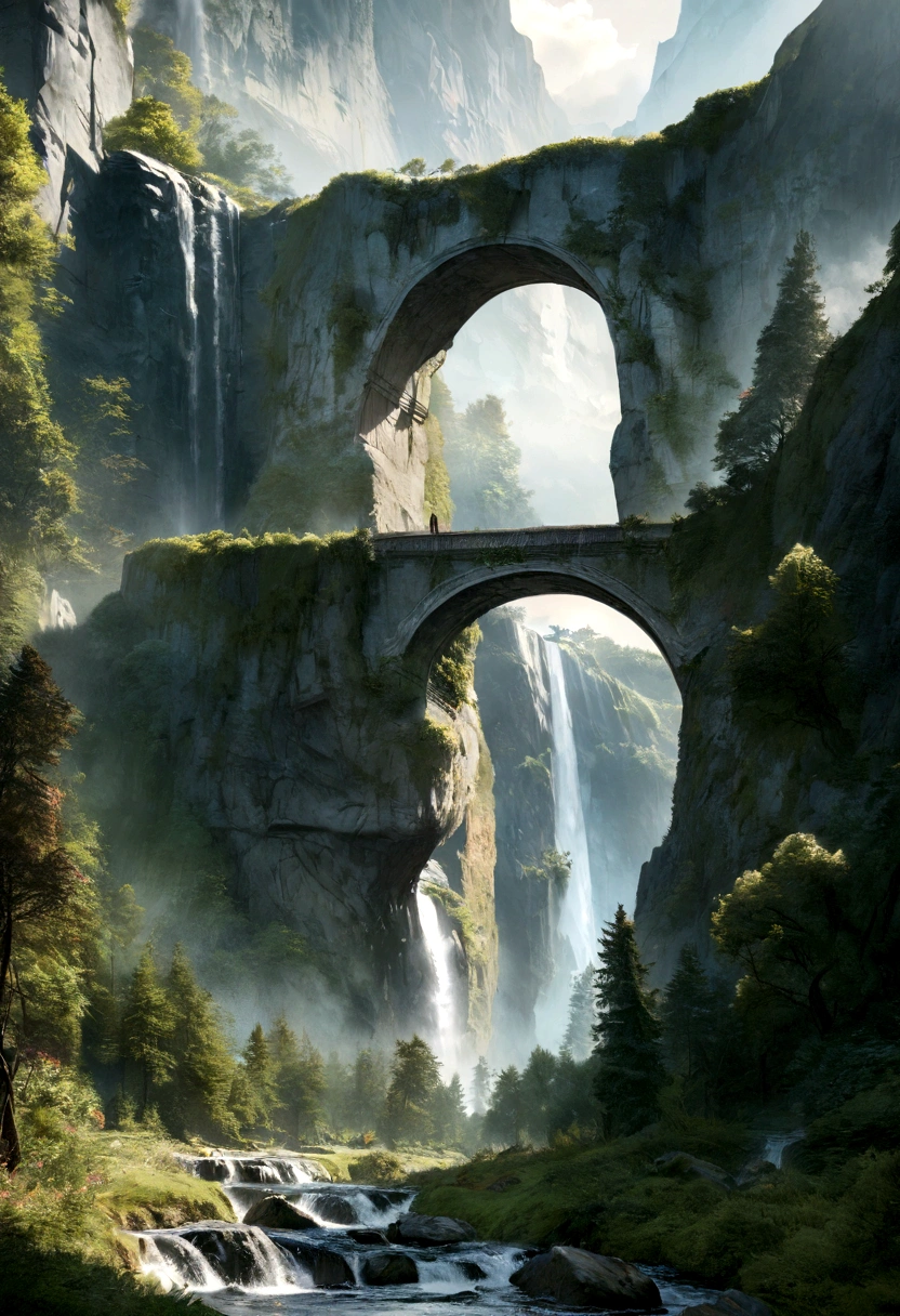a cliff overlooking a waterfall, several arch-shaped stones at the top, 8k matte painting, 8K gray ink, 8k vertical wallpaper, 8k vertical wallpaper, 4k vertical wallpaper, 4k vertical wallpaper, Lost series, realistic fantasy rendering, Digital painting with 8k resolution, Digital painting with 8k resolution, Fantasy art by Jessica Rossier, Matte painting rendered in 4K, 3d rendered matte painting
