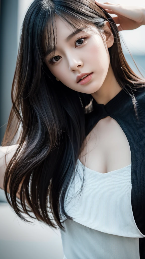 best quality, masterpiece, Highres, 1girl, black eyes, Beautiful and perfect face, long black hair with Layer Cut, Simple and tight dress, Complex Details, Cinematic feel, 8K, highlydetailed、Big hot from the waist up、hand on own chest, Distract your gaze、turning sideways、sideshot