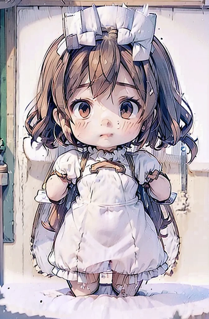 ((Little Huntress girl)) holding a rifle between her legs , battle pose,long red curling hair,((airy white sheer micro tiny dress)), sheer micro dress, risqué, snows,Cold,4K,Detailed,Realistic, (3 years old),  ((age 3)), American, beautiful, beautiful face, small, short, sensual poses