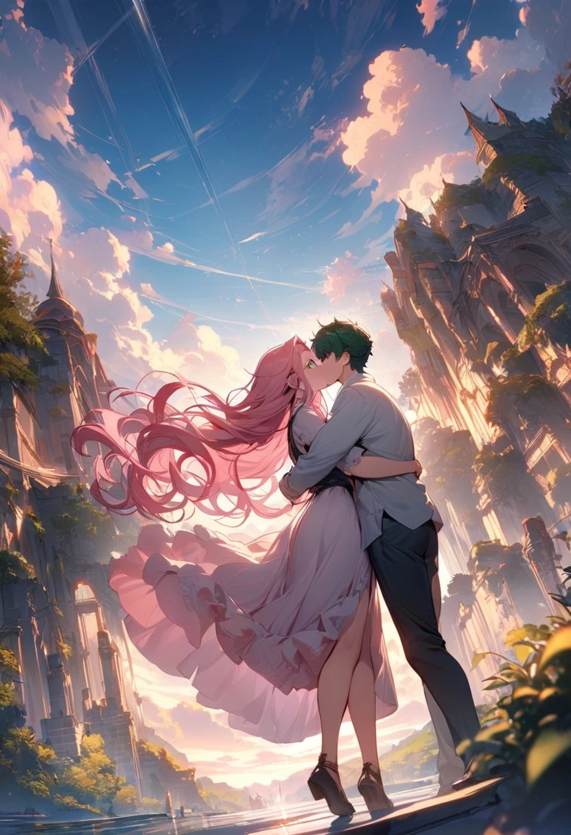 (couple), girl and boy, forehead kiss, sky, rich in detail, embrace, happy expression, love, super wide angle, 1girl, (((masterpiece, best quality, scenery, aesthetic, heavenly))), ((girl with red eyes, vibrant pink long hair)), ((intimate)), 1boy, ((boy with green eyes, short black curly hair, slightly taller))