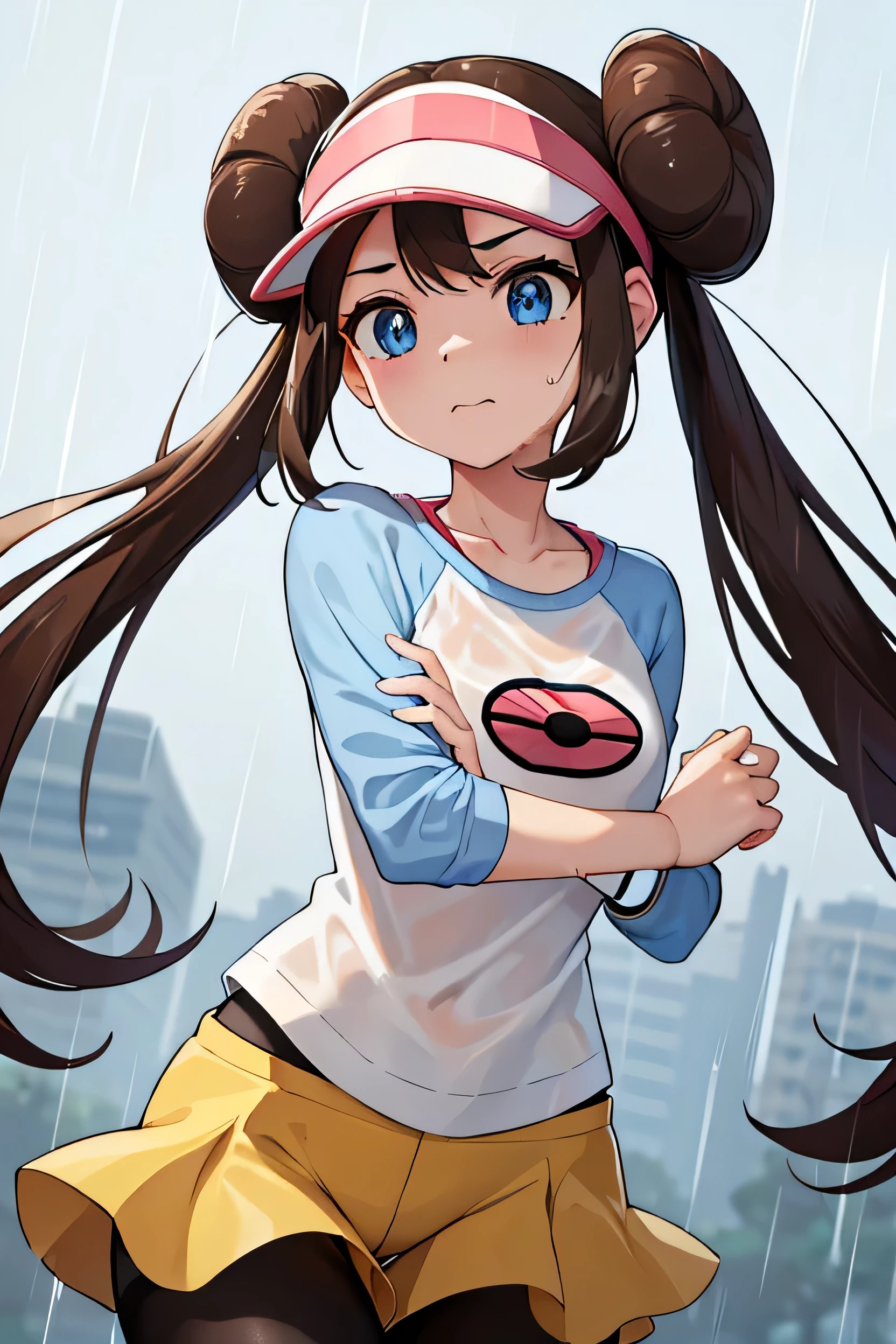 masterpiece, Highest quality, High Resolution, B1, Hair Bun, blue eyes, Twin tails, Visor Cap, pantyhose, Raglan sleeves, Yellow shorts, shirt, Pink Ribbon, watch, Cowboy Shot, Depth of written boundary, Pokéball \(Basic\), On the front, See-through, Wet,Contorting the mouth,(running:1.2), Put your arms on top of your head,Looking into the distance, Looking to the future, avert your eyes,(masterpiece, Highest quality, Super detailed),Black Hair,cute顔, cute, Small face,(rain),One girl, alone,