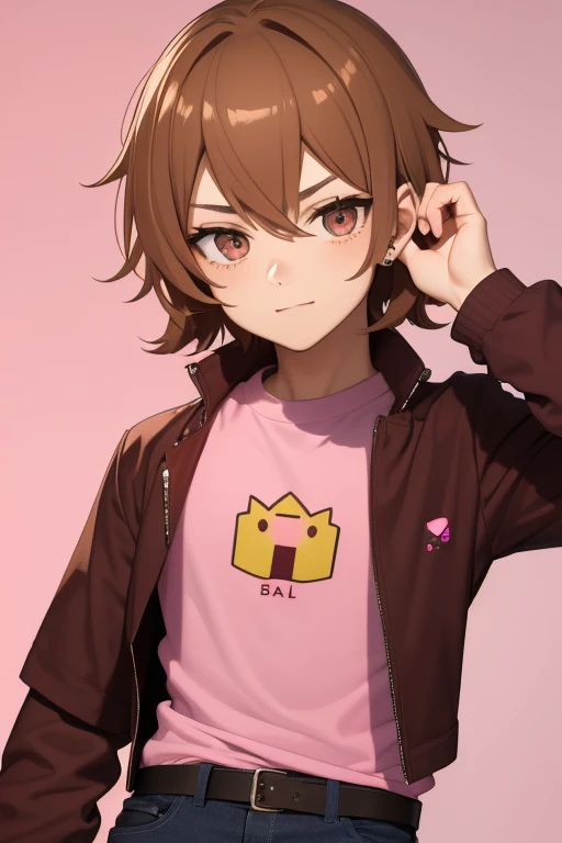 Gumball Handsome 18 year old boy with blonde brown hair, with a pink streak, light skin, pierced ears, honey brown eyes, open pink sweatshirt, black shirt with a candy castle print, black belt, red jeans, looking directly at the viewer on a white background.