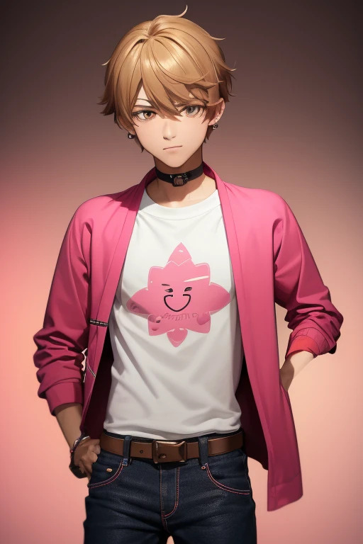 Gumball Handsome 18 year old boy with blonde brown hair, with a pink streak, light skin, pierced ears, honey brown eyes, open pink sweatshirt, black shirt with a candy castle print, black belt, red jeans, looking directly at the viewer on a white background.