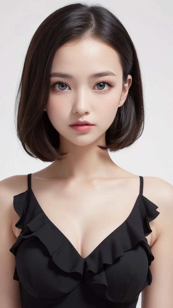 (((forehead、Northern Europe、White people、beautiful girl、Black Hair、White background、Frills、race、dress)))、table top, highest quality, figure, super detailed, finely, High resolution, 8k wallpaper, Perfect dynamic composition, detailed and beautiful eyes, Deco out,bionde, medium hair, super big breasts, Natural color lip,white background, random cute poses,frill dress