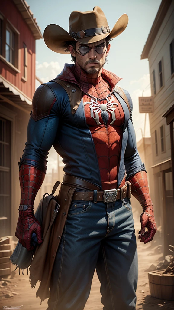 Spider-man in Wild West style, wearing Cowboys lather clothes, Cowboys hat and bring a pistol, in cowboy city, cinematic, extreem realistic, extreem detailed, extreem Sharp, super high resolution image, best quality photo,